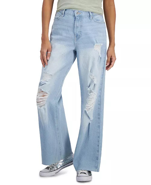 Celebrity Pink Juniors' High Rise Wide Leg Frayed Hem Jeans
